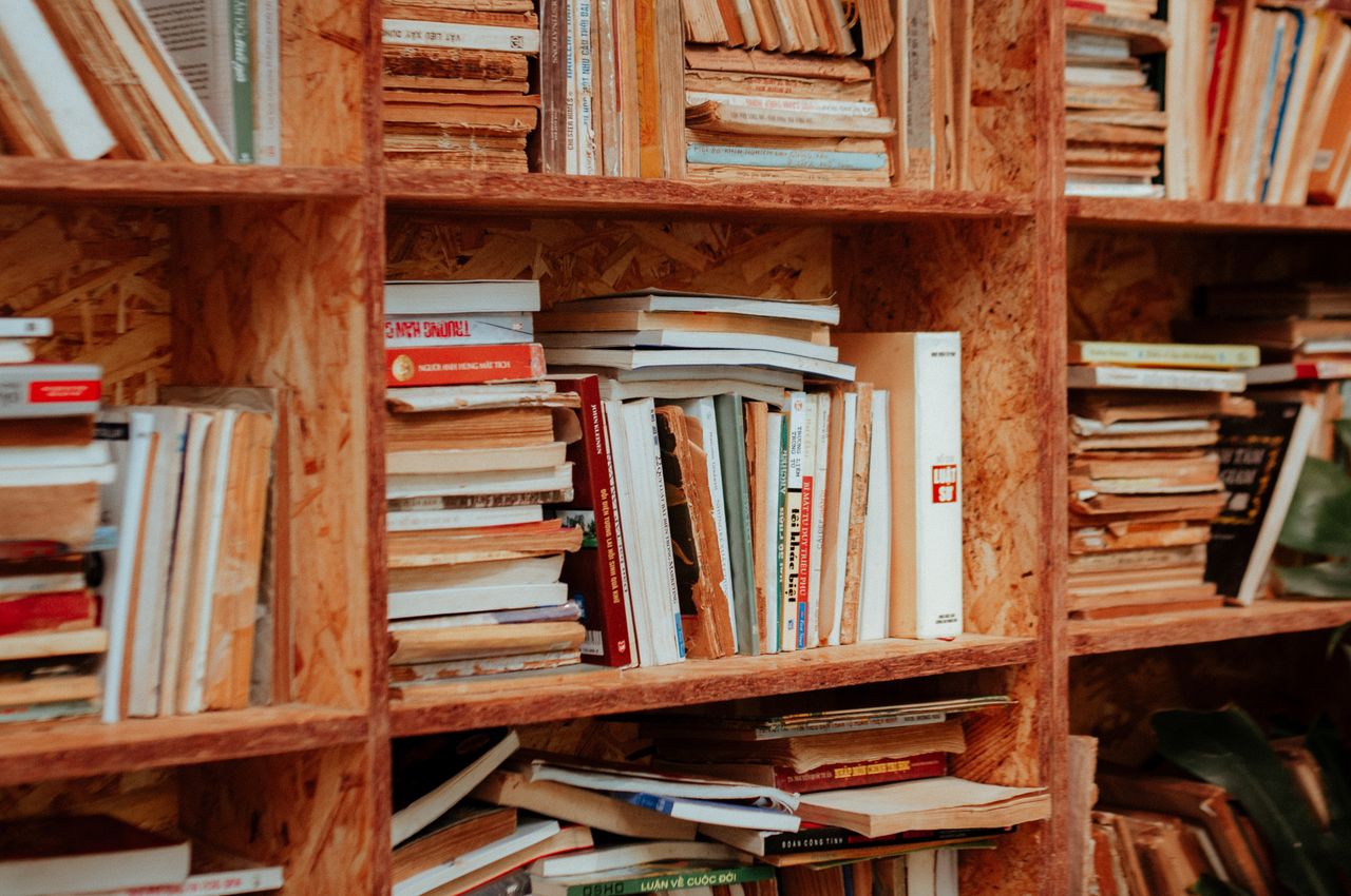 A cozy wooden bookshelf filled with a diverse collection of books in a home library.